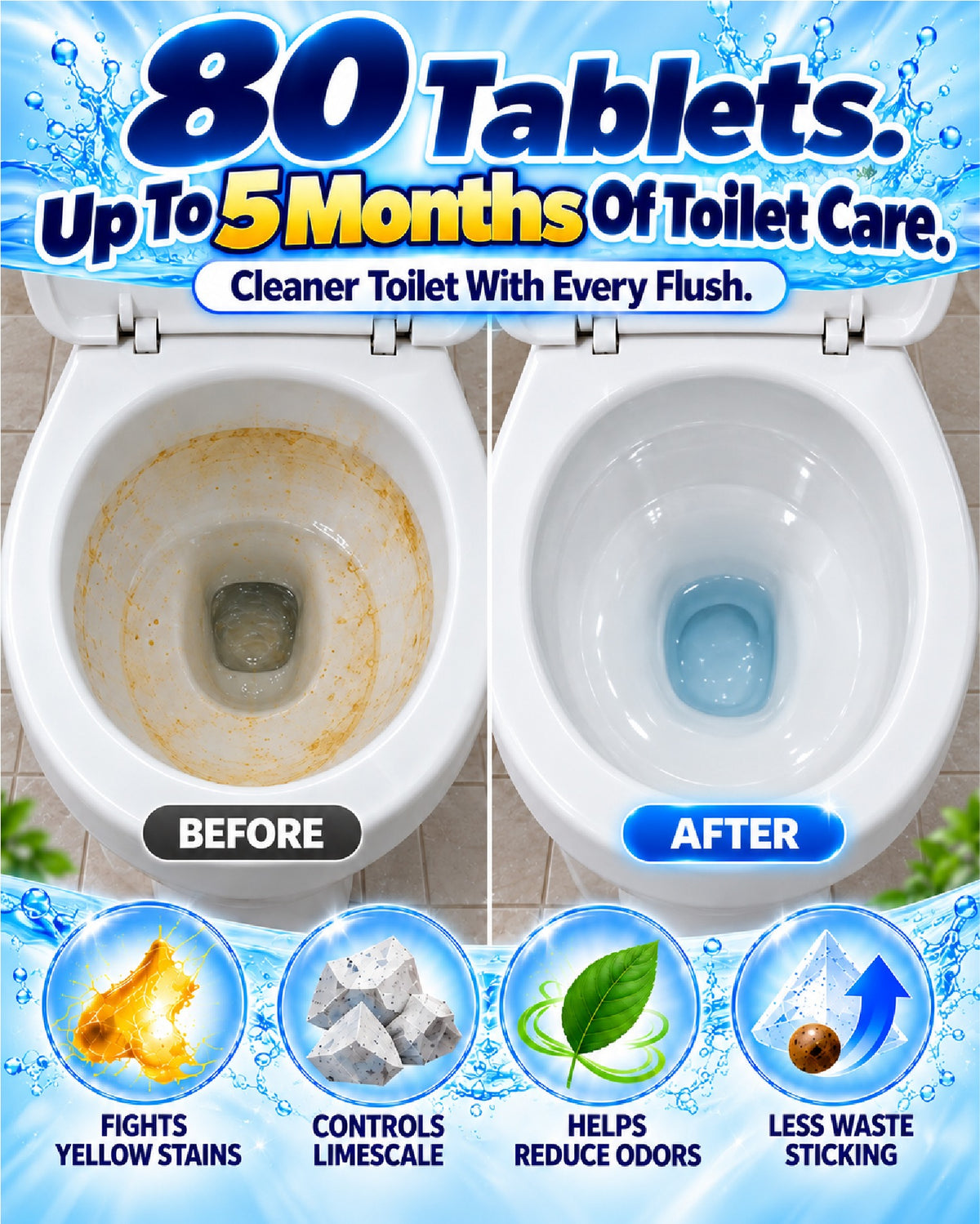 HomeCleanGoods™ FlushRepel Anti-Residue Deodorizing Toilet Tank Tablets