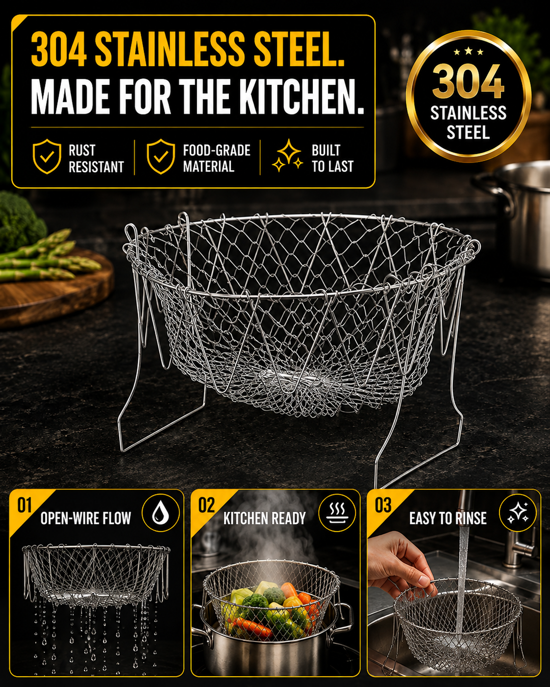 HomeCleanGoods™ FlexiCook Multi-Use Collapsible Fry & Strain Basket
