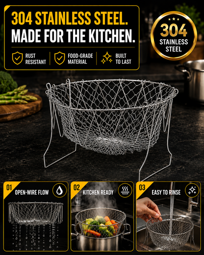 HomeCleanGoods™ FlexiCook Multi-Use Collapsible Fry & Strain Basket