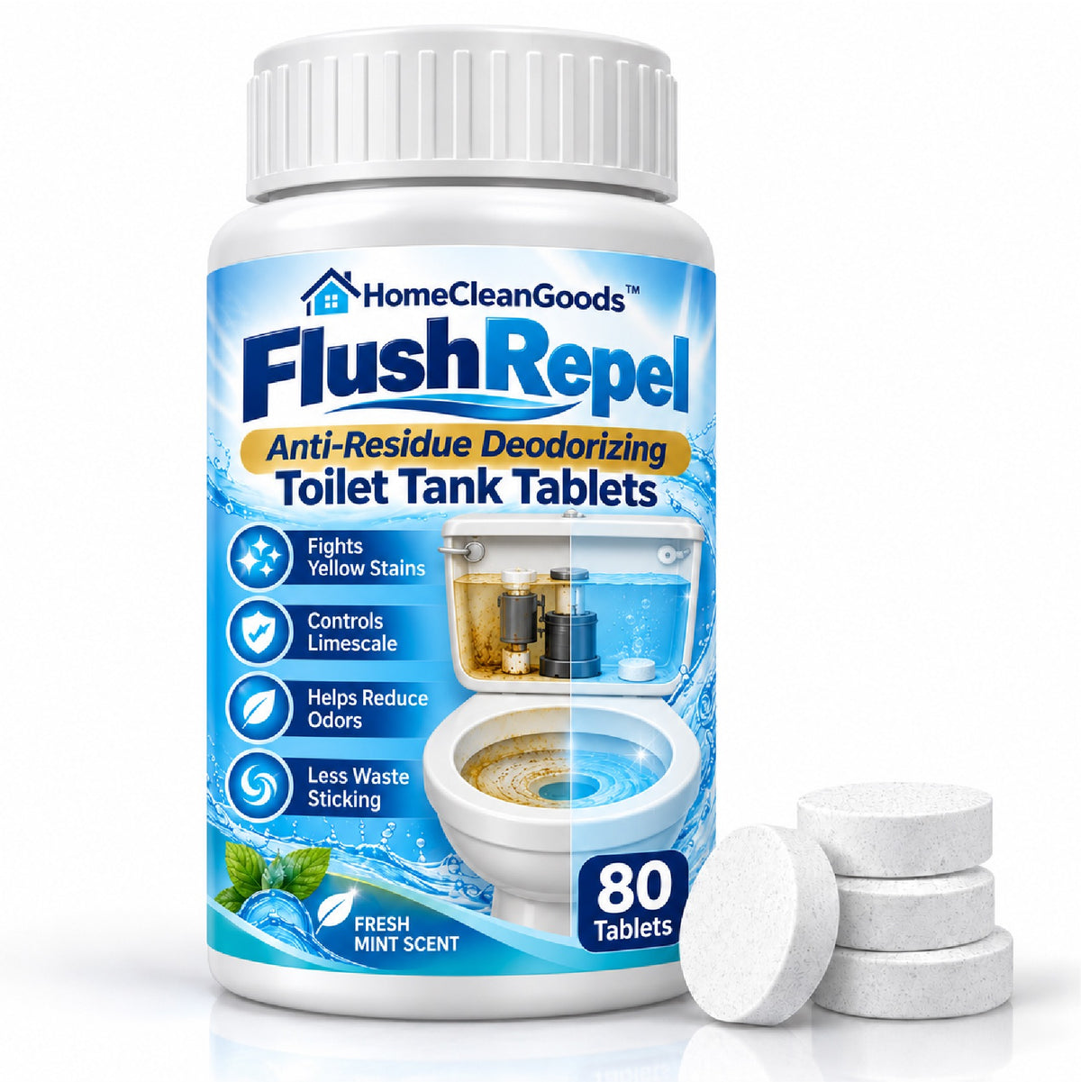 HomeCleanGoods™ FlushRepel Anti-Residue Deodorizing Toilet Tank Tablets