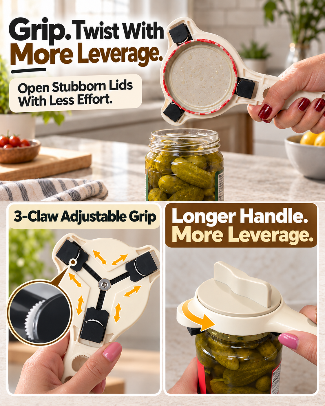 HomeCleanGoods™ GripLever 4-in-1 Adjustable 3-Claw Jar Opener