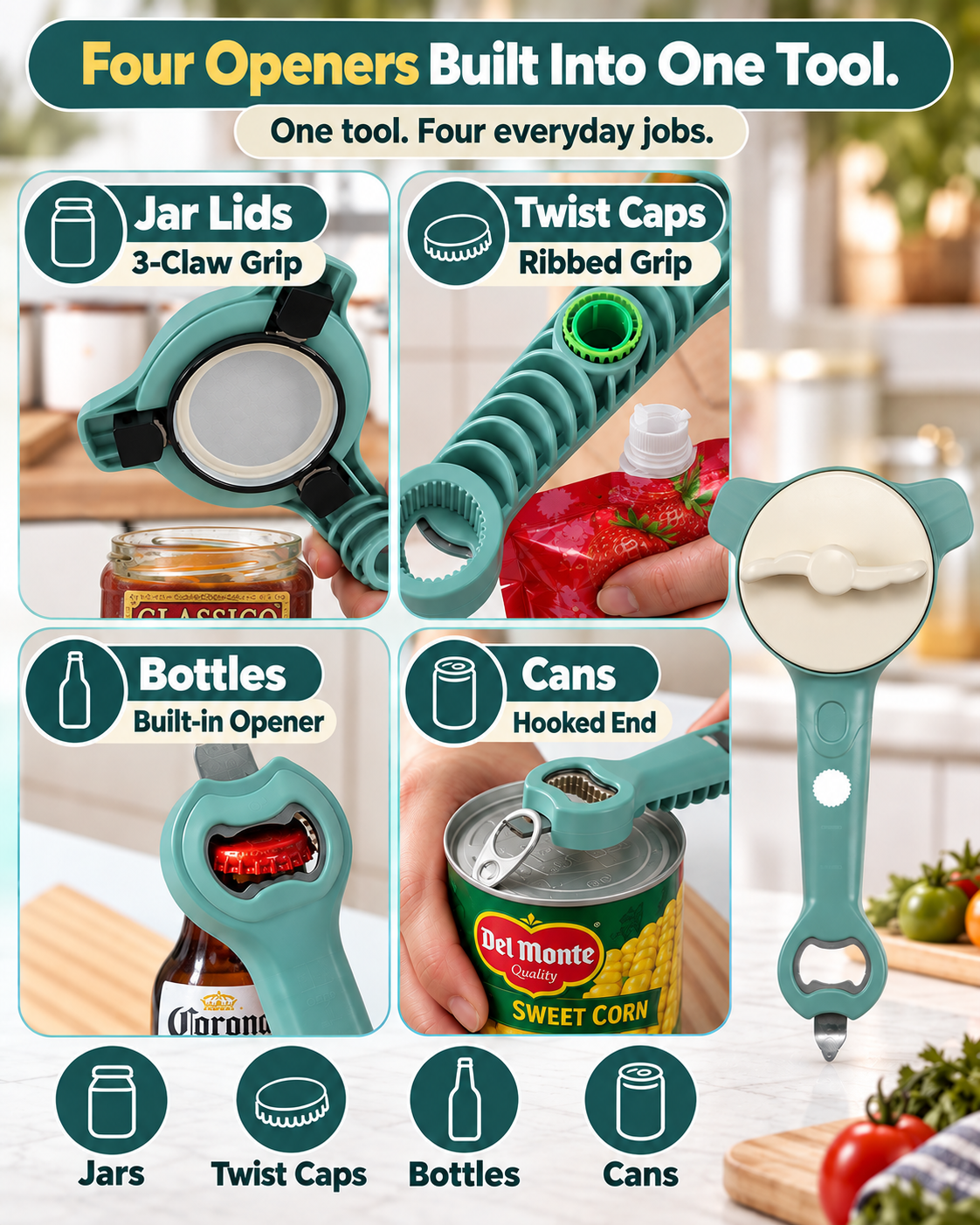 HomeCleanGoods™ GripLever 4-in-1 Adjustable 3-Claw Jar Opener