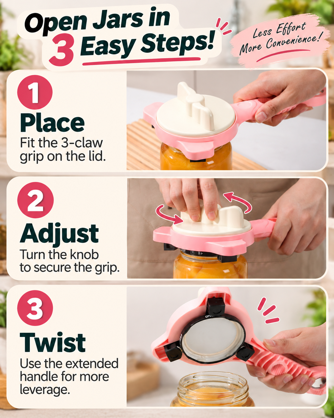 HomeCleanGoods™ GripLever 4-in-1 Adjustable 3-Claw Jar Opener