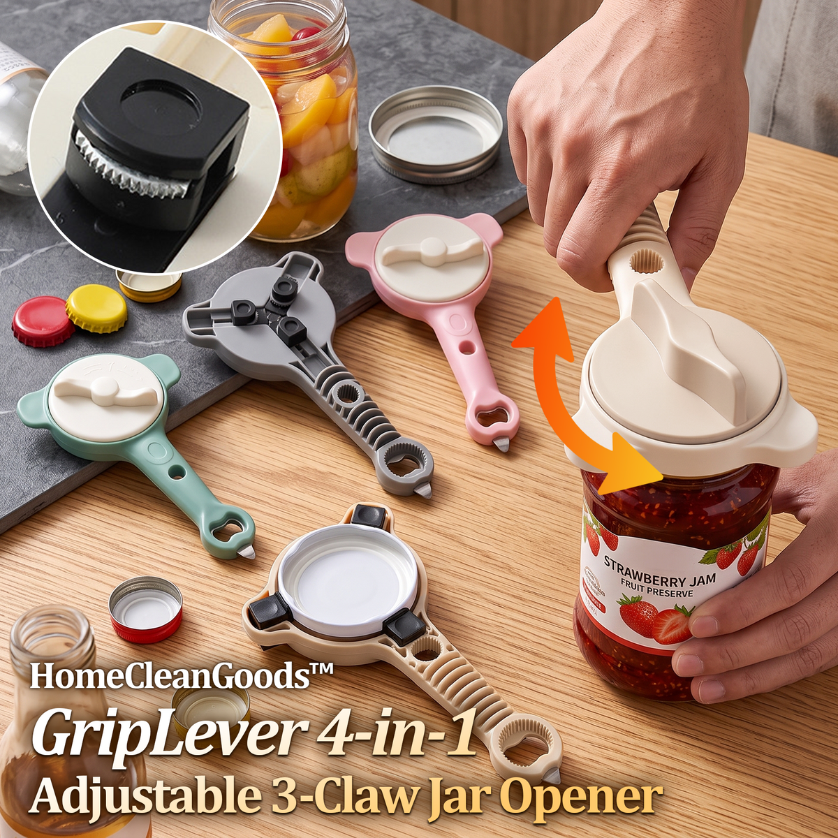 HomeCleanGoods™ GripLever 4-in-1 Adjustable 3-Claw Jar Opener