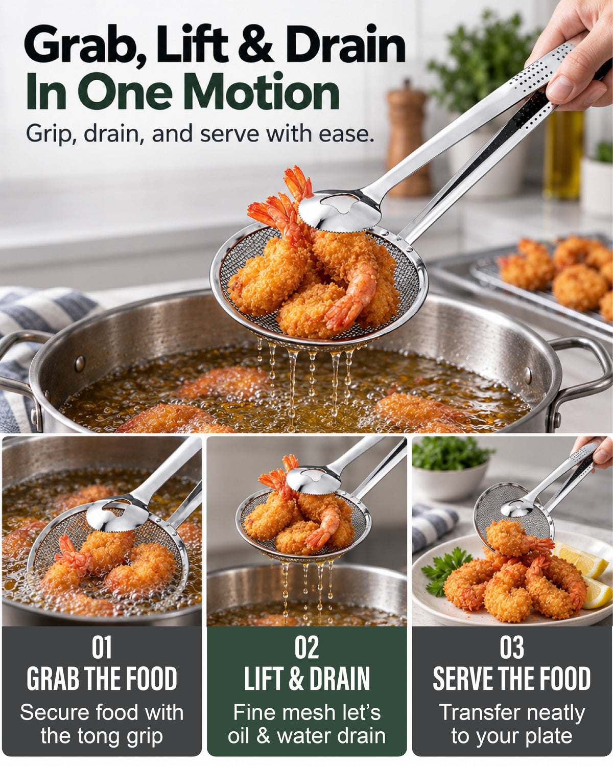 HomeCleanGoods™ GripStrain 2-in-1 Kitchen Strainer Tong