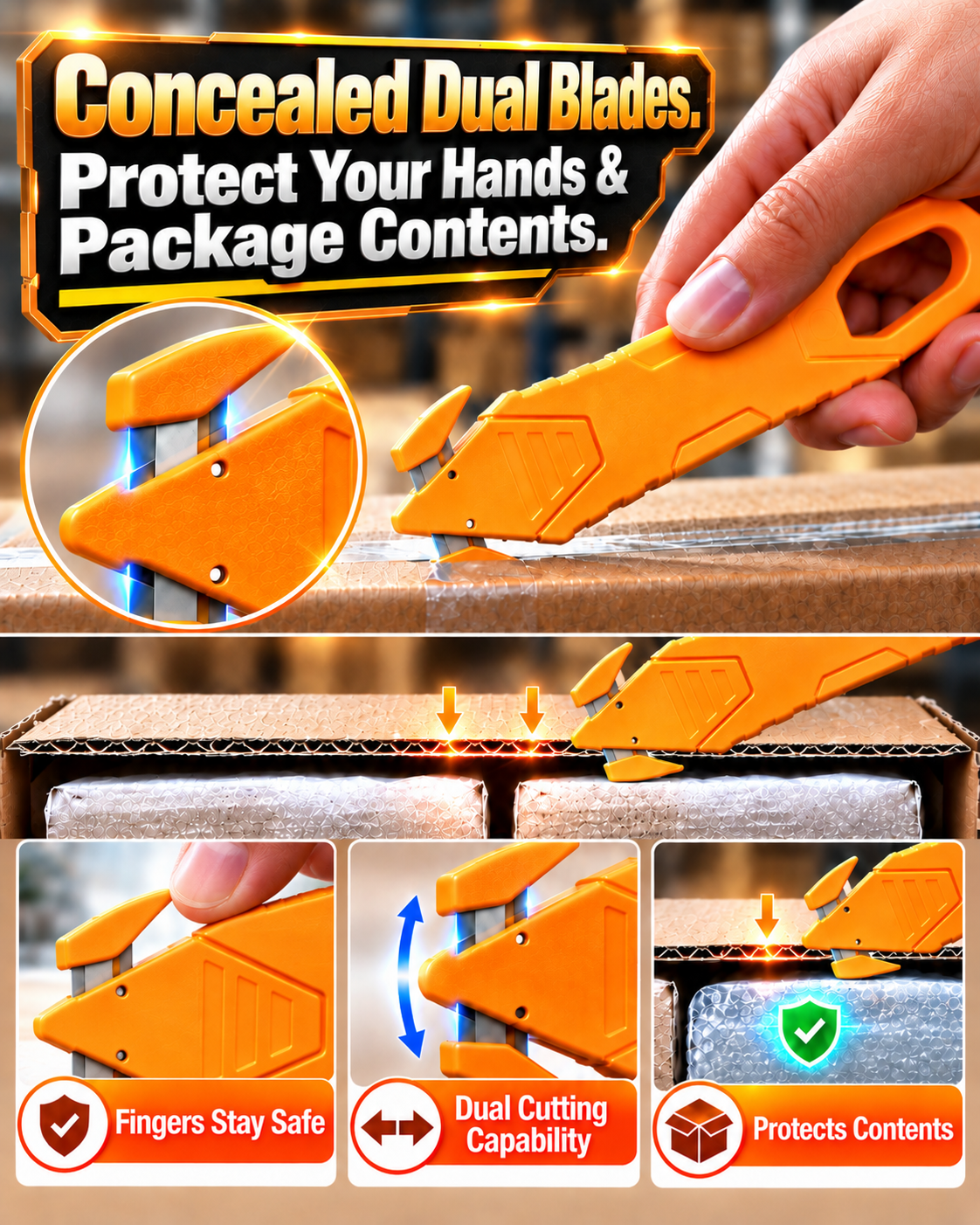 HomeCleanGoods™ GuardCut Concealed-Blade Package Safety Cutter