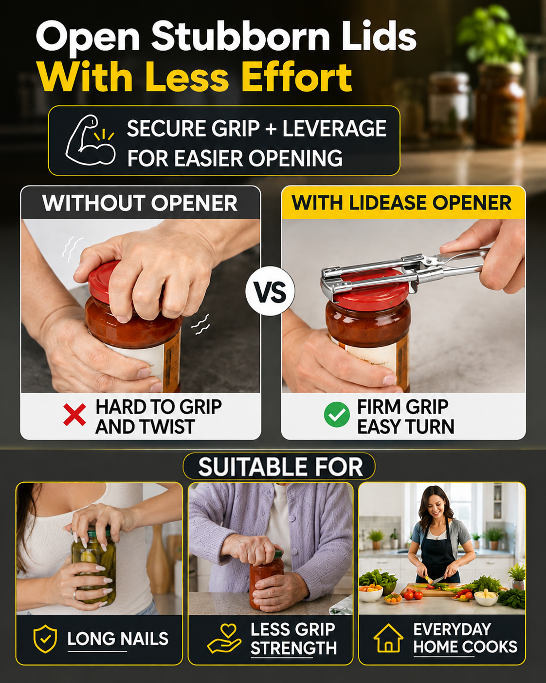 HomeCleanGoods™ LidEase Adjustable Grip-Assist Jar & Bottle Opener