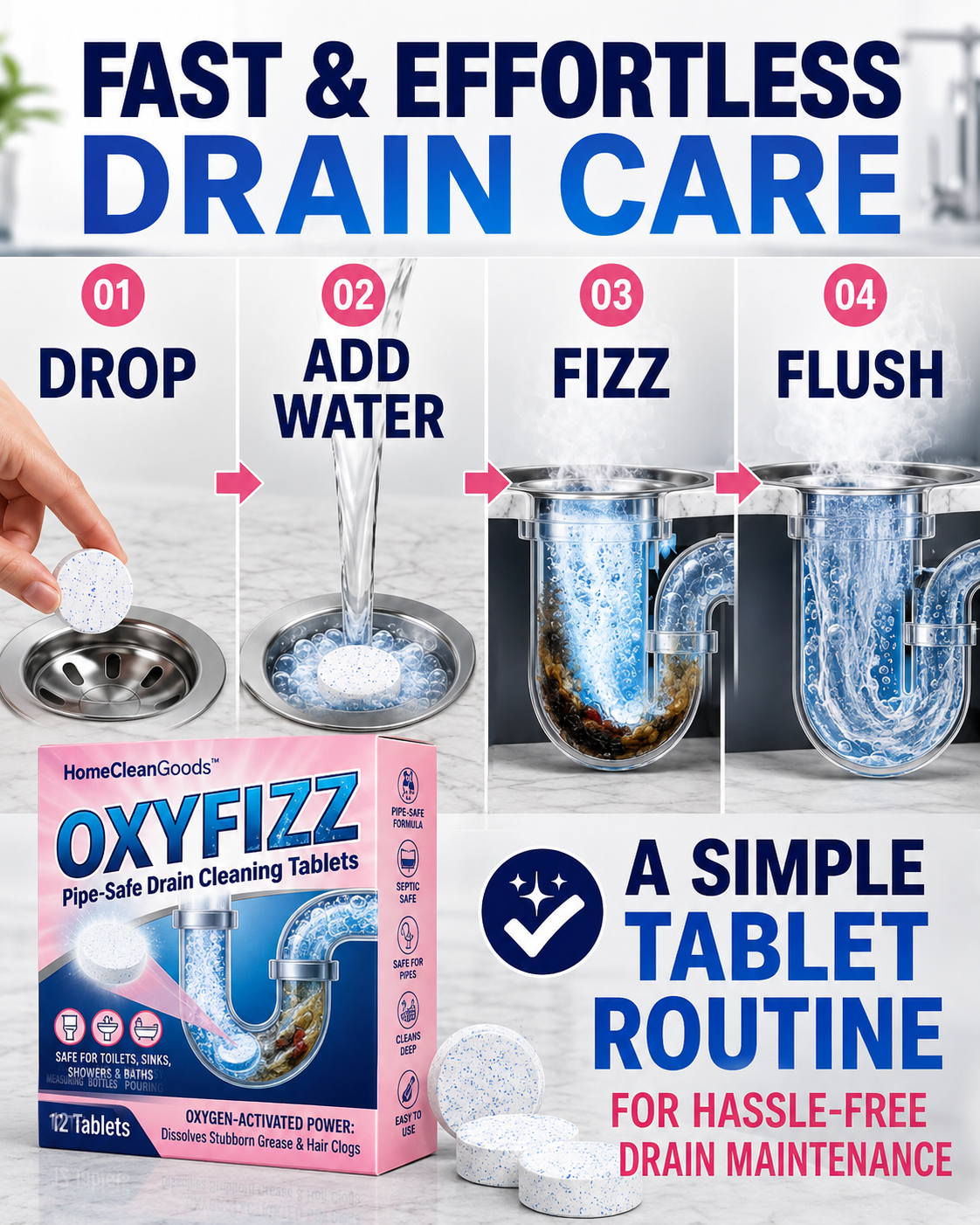 HomeCleanGoods™ OxyFizz Pipe-Safe Drain Cleaning Tablets