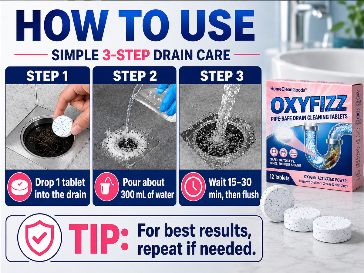 HomeCleanGoods™ OxyFizz Pipe-Safe Drain Cleaning Tablets