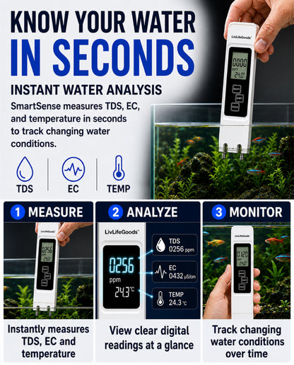 LivLifeGoods™ PureCheck Smart 3-in-1 TDS Water Quality Tester